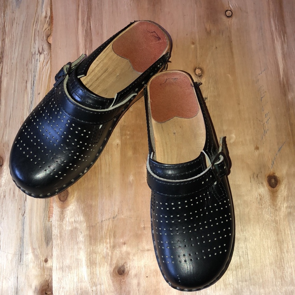 Vintage Bastad Original Swedish Clogs Black Leather Wood Size 35